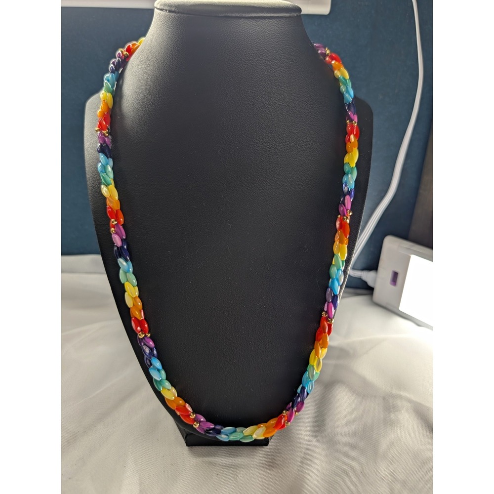 Vintage Rainbow Twisted Rice Bead Strand Necklace Gold Tone Filigree Box Clasp